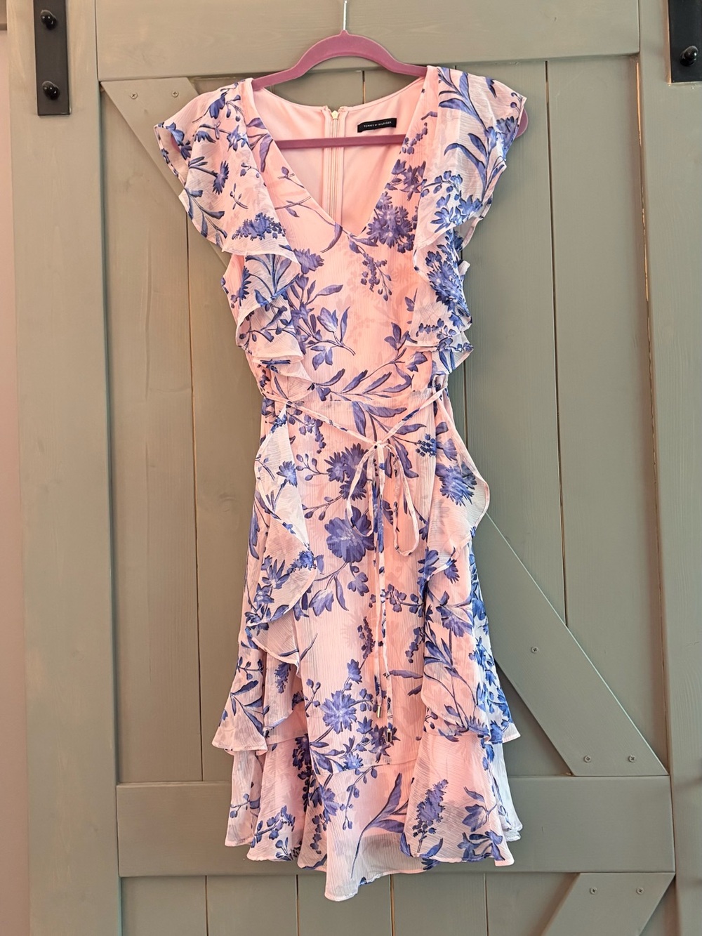 Women’s Tommy Hilfiger Pink Floral Ruffle Wrap Mini Dress with Blue Print